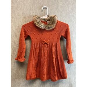 Tahari Baby Rust Orange Sweater Dress 4T Faux‎ Fur Collar Bow Accent Cable Knit